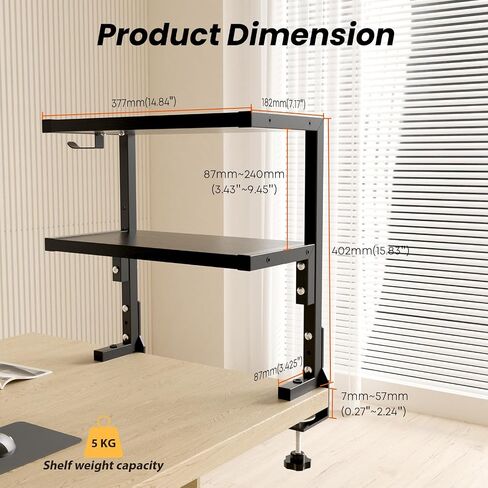 PUTORSEN 15 inch Clamp on Desk Shelf, 2 Tier Shelving Unit Above or Below Desk, Customizable Space Desk Storage Tray for Gaming Devices, Table Accessories and More, Black in Saudi Arabia