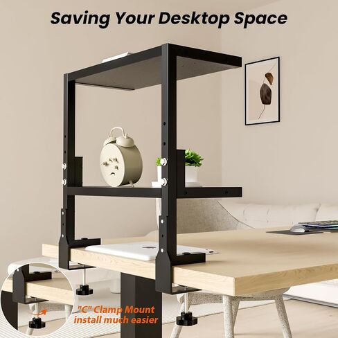 PUTORSEN 15 inch Clamp on Desk Shelf, 2 Tier Shelving Unit Above or Below Desk, Customizable Space Desk Storage Tray for Gaming Devices, Table Accessories and More, Black in Saudi Arabia