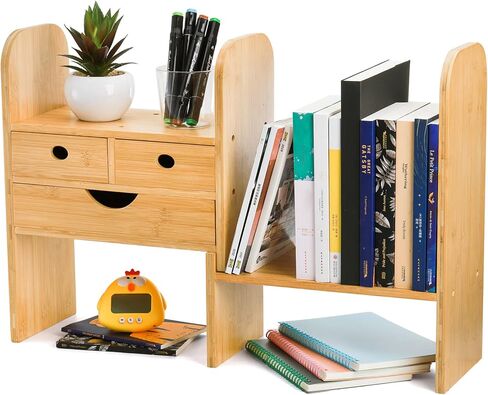 منظم أدراج سطح المكتب من الخيزران من كولوتش، رف كتب سطح المكتب قابل للتعديل مع 3 أدراج، حامل عرض رف الكتب قابل للتوسيع للمكتب واللوازم المكتبية والدراسة والمطبخ والحمام in Kuwait