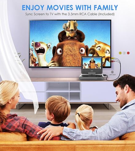 مشغل DVD محمول مقاس 9.5 بوصة من WONNIE مع شاشة دوارة مقاس 7.5 بوصة للأطفال، بطارية قابلة لإعادة الشحن لمدة 4-6 ساعات، خالية من المناطق، مدخل/خارج AV، يدعم USB/بطاقة SD/مزامنة التلفزيون in Kuwait