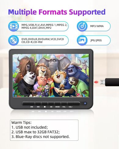 مشغل DVD محمول مقاس 10.6 بوصة من DESOBRY للسيارة، ومشغل DVD للسيارة بشاشة مزدوجة مع ناقل حركة عالي الدقة بالكامل، وأقواس تركيب البطارية لمدة 5 ساعات تدعم بطاقة USB/SD (مشغل واحد + شاشة واحدة) in Kuwait