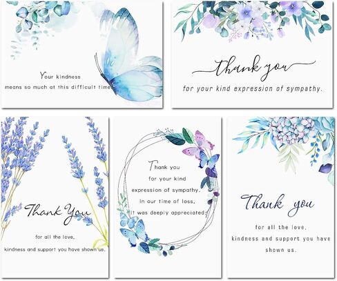 Hunanyume 50 Pack Funeral Thank You Cards with Envelopes, Stickers & Message Inside, 4×6 in Watercolor Flowers Butterflies Bereavement Sympathy Thank You Cards for Funeral Family Friends Loved Ones in Saudi Arabia