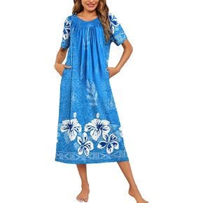 Ekouaer Women's House Dress with Pockets Long Nightgowns for Women House Dress Pleated Front Moo Moos for Women S-XXXL