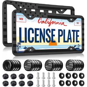 Silicone American Flag License Plate Frames - 2 Pack 3D Stars and Stripes Patriotic Gloss USA Flag Front Rear License Plate Holder with 4 Flag Tire Valve Caps and Screws Black Rustproof Auto Parts