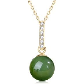 Jade Necklace for Women,Sterling Silver Natural Real Green Round Jade Hypoallergenic CZ Pendant Necklace Christmas Jewelry Gifts for Wife Mom (Size:12mm)