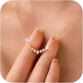 CZ Curved Bar Pendant Necklace for Women 925 Sterling Silver Cubic Zirconia Pendant for Mother 14K Gold Plated V Shaped Charm Necklace Valentine's Day Christmas Wedding Jewelry Gifts