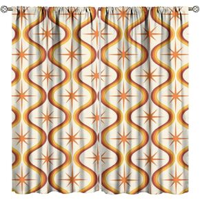 Orange Atomic Curtains, Mid Century Modern Yellow Burgundy Oval Shapes Print Window Curtains for Bedroom Living Room, 42" W X 45" L