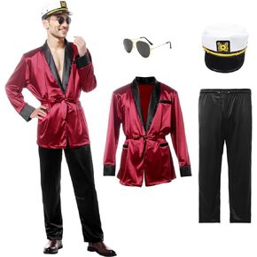 Red Silk Robe Jacket Halloween Couples Costumes With Black Pants Sunglasses Captain Hat for Halloween Costumes Men