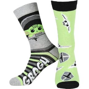 Hypnotic Hats Star Wars The Mandalorian Baby Yoda Grogu and Mando Adult Crew Socks 2 Pair, multicolored, One Size