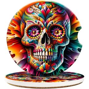 Car Coasters for Cup Holders, Colorful Sugar Skull Absorbent Ceramic Car Coaster with Finger Notch & Cork Base,Car Interior Accessories for Women Men 2.56"(2 Pack)