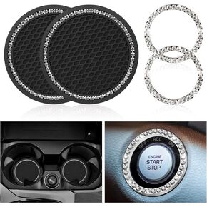 Ouzorp Car Cup Holder Coaster with Push Start Button Bling [4Pcs], Bling Crystal Rhinestone Car Interior Accessories (Silver) in Kuwait