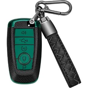 for Ford Key Fob Cover Soft TPU with Leather Keychain Key Case Shell Full Protection Compatible with Ford Explorer Mustang Fusion Escape F150 F250 F350 F450 F550 Edge 5 Button, Green