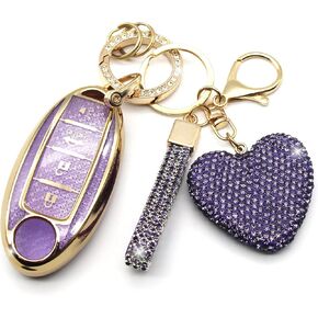 Key Fob Cover with Diamond Keychain for Nissan Car Key Shell Compatible with Altima Rogue Sentra Pathfinder Frontier Maxima Titan Murano Kicks Juke Versa (4 Buttons-Silver Heart)