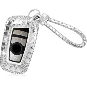 PGONE Luxury Bling Rhinestone Crystal Diamond Key Fob Case Cover For BMW, Silver, Large