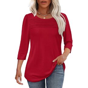 OFEEFAN Womens Tops 3/4 Length Sleeve Blouses Dressy Casual Spring Summer Outfits Pleated Front T Shirts Curved Hem