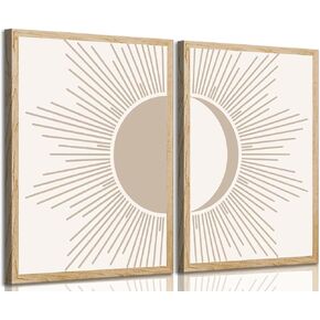 2Pcs Minimalism Boho Canvas Wall art Mid Century Modern Beige and White Sun and Moon Geometric Abstract Painting Pictures Wall Decor Posters Print Artwork for Bedroom Living Room Decoration Unframed