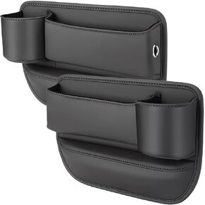 2 Pack Car Leather Cup Holder Gap Bag, 2024 New Leather Car Seat Storage Box with Water Cup Holder, Car Seat Gap Filler (Black)
