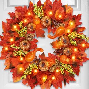 [ Prelit & Timer ] 18 Inch Thick Fall Wreaths for Front Door Thanksgiving Wreath Decorations 20 LED 3 Styles 61 Maples Leafed 9 Pumpkin 6 Pinecone 6 Berried Battery Operated Warm Lights Fall Decor