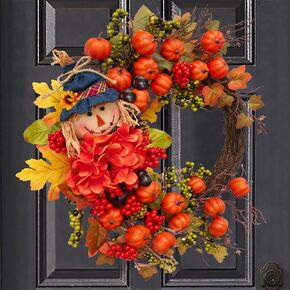 Fall Wreath for Front Door Scarecrow Front Door Wreath with penty of Small Pumpkins, Berries, Acorns and Hydrangea,Autumn Harvest Porch Decor,thanksgving Farmhouse Fall Door decorations-20inch