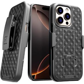 for Apple iPhone 16 Case with Belt Clip Holster, Kickstand Slim Cover Phone Case for iPhone 16 - Black