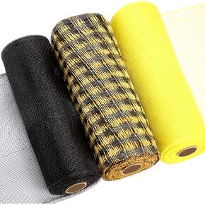 Shappy 3 Pack Spring Summer Deco Mesh 10 Inches x 26 Yards Deco Mesh Ribbon for Wreaths Poly Burlap Mesh Ribbon for Spring Summer World Bee Day Decor Wrapping Craft(Black, Yellow)