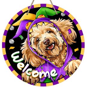 Deroro Welcome Christmas Goldendoodle Dog Front Door Sign, Xmas Pet Wood Door Hanger Outdoor Outside Porch Decor Dog Lover Gifts, Funny Winter Holiday Wooden Wreath Indoor Wall Hanging Decoration