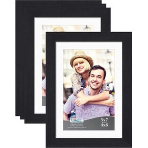 Icona Bay 5x7 Picture Frame Set (Black, 4 Pack), Simple Modern Design, Table Top Kickstand and Wall Hanging Hooks Included, Impresia Collection