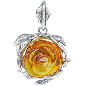 HolidayGiftShops Amber Jewelry for Women - GIA Certified Sterling Silver and Baltic Amber Pendant Necklace Rose, Includes 925 Sterling Silver Chain - made in Poland