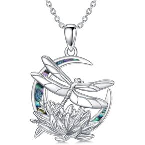 PELOVNY Dragonfly Necklace 925 Sterling Silver Abalone Moon Pendant Lotus Dragonfly Jewelry for Mothers Day Birthday Christmas Gifts Women