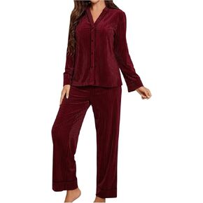 Floerns Women's Velvet Pajama Set Long Sleeve Button Shirts with Pants Lounge Sleepwear