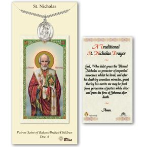 Pewter St. Saint Nicholas medal on an 24in Stainless Silver Heavy Curb Chain with a Traditional St Nicholas Prayer Prayer Card Medal Pendant Necklace.