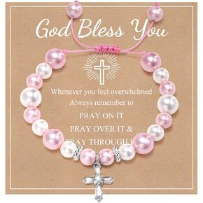 MEALGUET Cross Bracelet Baptism for Girl : Pink White Bead Cubic Zirconia Rosary Christian Cross Charm Bracelet Religious Jewelry First Communion Confirmation for Teen Girls Daughter Niece Kids