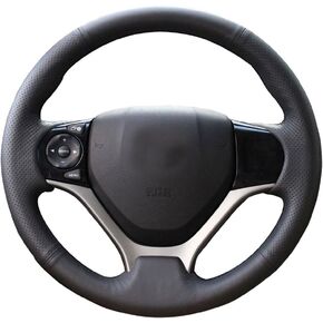 Eiseng DIY Sew Black Genuine Leather Steering Wheel Cover Stitch on Wrap for Honda Civic 2012 2013 2014 2015 interior Accessories 13.5-14.5 inches (Black thread)