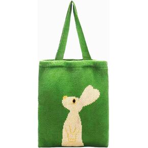 cute bunny tote bag, crochet green tote bag for women, small knitted bag aesthetic boho shoulder bag handbag, kawaii funny bunny graphic bag, green gifts stuff things for women ﻿