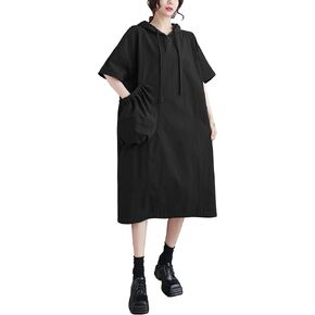 ellazhu Women's Summer Half Sleeve Midi Length with Big Pocket Solid Color Dress with Hood GA2669