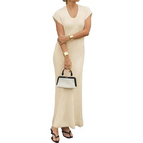 Wenrine Womens Summer Cap Sleeve Dress Casual Ribbed Knit Scoop Neck Bodycon Maxi Dresses