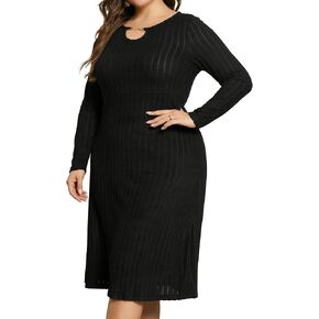 Agnes Orinda Women's Plus Size Dress Ribbed Knit Long Sleeves Keyhole Crew Neck Pullover a Line Midi Dresses