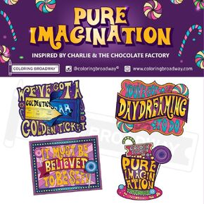 Coloring Broadway - Pure Imagination Musical Inspired by Charlie & The Chocolate Factory Broadway Theater Stickers, Musical Merchandise, Die-Cut & Bubble Free Vinyl Stickers (3" x 3" - Set of 4)