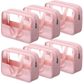 6 Pcs Large Clear Makeup Bags PU Organizer Bag with Zipper Handle Strap 11.8 x 8.3 x 3.9 Inch Portable Cosmetic Bag Thick Makeup Travel Bag Transparent Toiletry Bag Tote Bag for Travel (Pink)