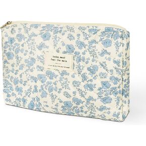 Large Makeup Bag Floral Cosmetic Bag Quilted Flower Travel Makeup Toiletry Bags Set Organizer Cotton Cute Make Up Accessories Zipper Bags Pouch Travel Essentials Gifts for Women Teen Girls Blue