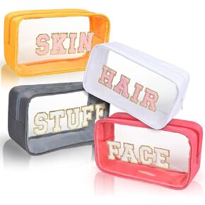 Antimbee 4 Pack Hair Face Skin Stuff Travel Bags, Clear Chenille Letter Pouch Bags for Travel, Patch Bag with Zipper for Girls Women Makeup