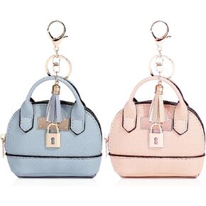 2 PCS Cute Mini Tote Bag Keychain for Women PU Leather Mini Backpack Purse Keychain Little Cosmetic Bag Key Lipstick Card Data Cable Organizer