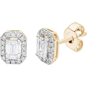 3/4 Cttw Emerald Cut & Round Cut IGI Certified Lab Grown Diamond Halo Stud Earrings for Women | 14k White & Yellow Gold Plated 925 Sterling Silver (Clarity: VS, Color: FG, 0.80 cttw)