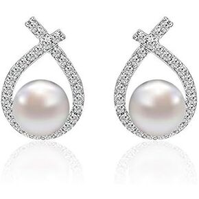 LOVE&CLOVER Elegant Freshwater Pearl Stud Earrings for Women 925 Sterling Silver, Genuine Cultured Pearls, Bridal Earrings for Women Brides Bridesmaids Wedding Gifts