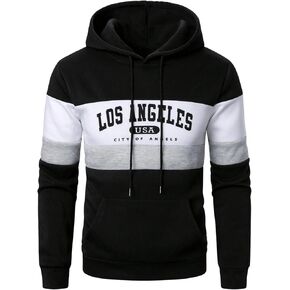 GORGLITTER Men's Letter Graphic Drawstring Pullover Hoodie Colorblock Long Sleeve Hooded Sweatshirts