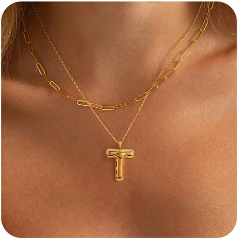 BAYLAY Bubble Letter Necklace Gold - 18K Gold Plated Layered Bubble Initial Necklace Dainty Bubble Initial Necklaces for Women Personalized Bubble Letter Name Necklace Gold Jewelry for Women Gifts in Saudi Arabia