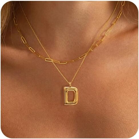 BAYLAY Bubble Letter Necklace Gold - 18K Gold Plated Layered Bubble Initial Necklace Dainty Bubble Initial Necklaces for Women Personalized Bubble Letter Name Necklace Gold Jewelry for Women Gifts in Saudi Arabia