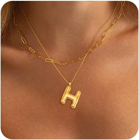 BAYLAY Bubble Letter Necklace Gold - 18K Gold Plated Layered Bubble Initial Necklace Dainty Bubble Initial Necklaces for Women Personalized Bubble Letter Name Necklace Gold Jewelry for Women Gifts in Saudi Arabia
