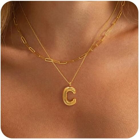 BAYLAY Bubble Letter Necklace Gold - 18K Gold Plated Layered Bubble Initial Necklace Dainty Bubble Initial Necklaces for Women Personalized Bubble Letter Name Necklace Gold Jewelry for Women Gifts in Saudi Arabia