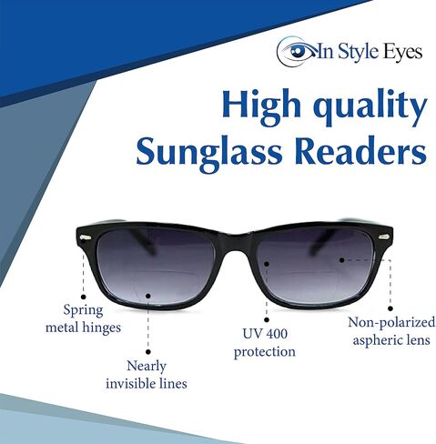 Seymore Retro Bifocal Sunglasses - Full-Rimmed, Rectangle Frame Cheater Glasses - Non-Polarized Aspheric Lens in Kuwait